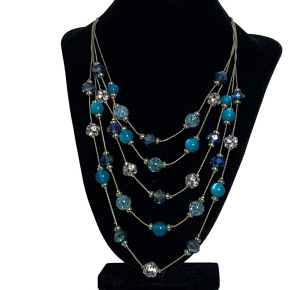 Glass Bead Crystal Necklace Cascade 5 Layer Faceted Sparkly By M. Haskell Blues - Picture 1 of 16
